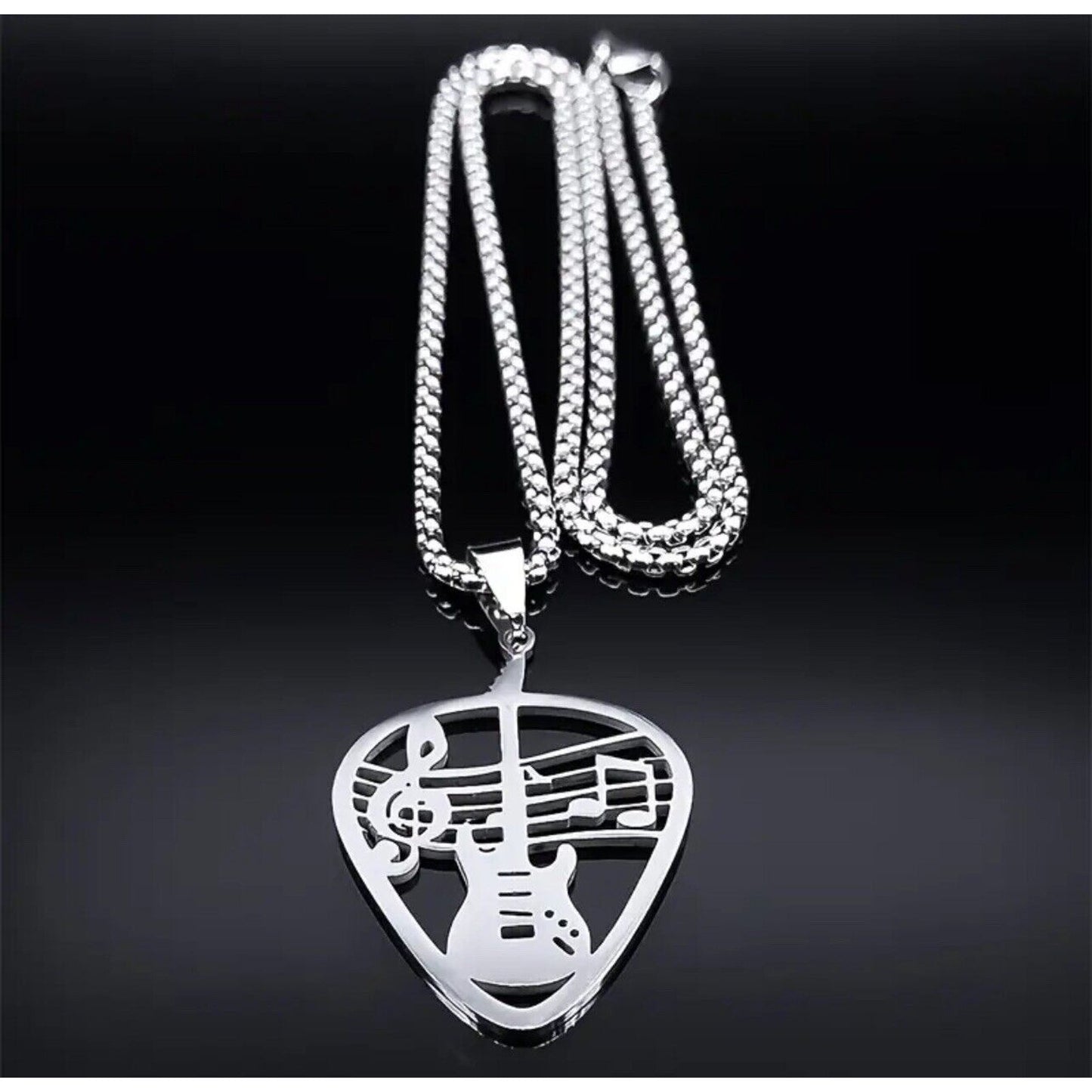 Silver Tone Stainless Steel Guitar Pendant Necklace Music Fashion Style Unisex