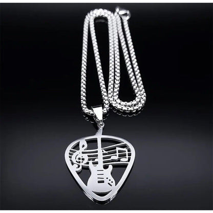 Silver Tone Stainless Steel Guitar Pendant Necklace Music Fashion Style Unisex