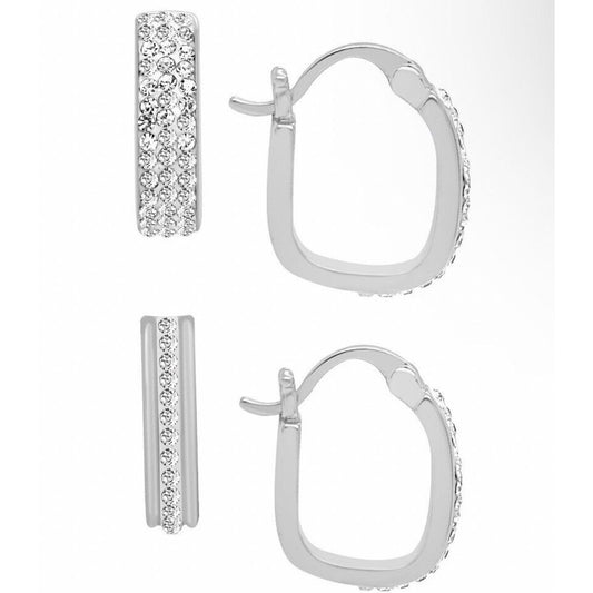 Silver Tone Sparkling Crystal Hoop Earrings (2pc Set) Trendy Stunning Shiny Chic