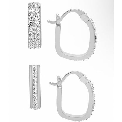 Silver Tone Hoop Earrings Set Women's Chic Crystal Elegant Trendy Fashion NWT
