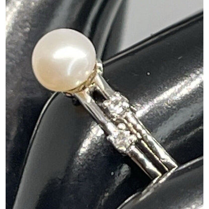 Pearl (5mm) Sterling Silver Ring Lab Sapphire (Sz 7) Stunning Luxury Chic Trendy