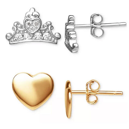 Disney 18K Gold Vermeil Princess Tiara Heart Earrings (2pc Set) Chic Style Vday