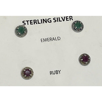 Natural Emerald (1/2 ct) & Ruby (5/8 ct) Earrings 2pc Set Sterling Silver Luxury