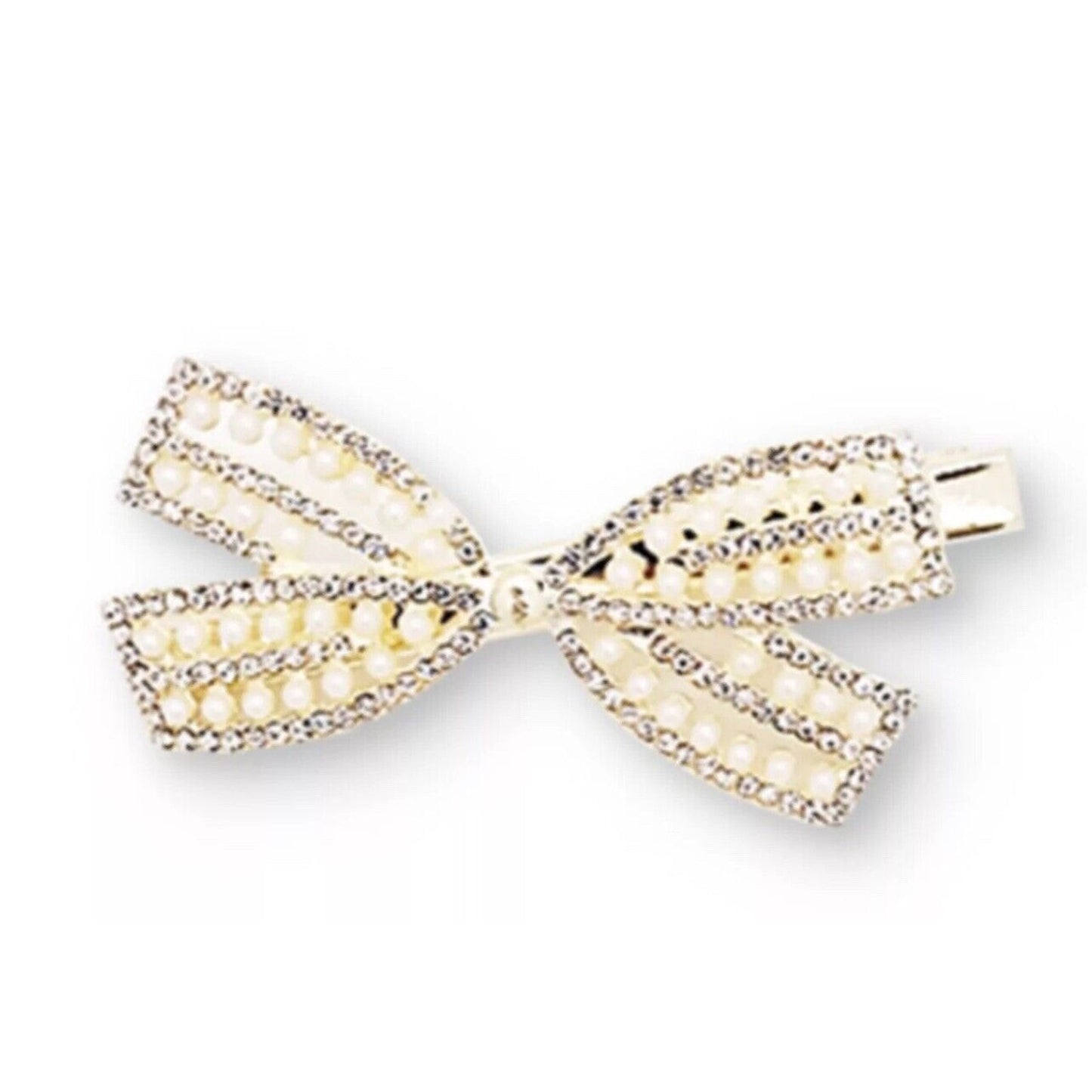 Gold Tone Crystal Faux Pearl Bow Barrette (2pc Set) Hair Clip Stylish Chic NWT