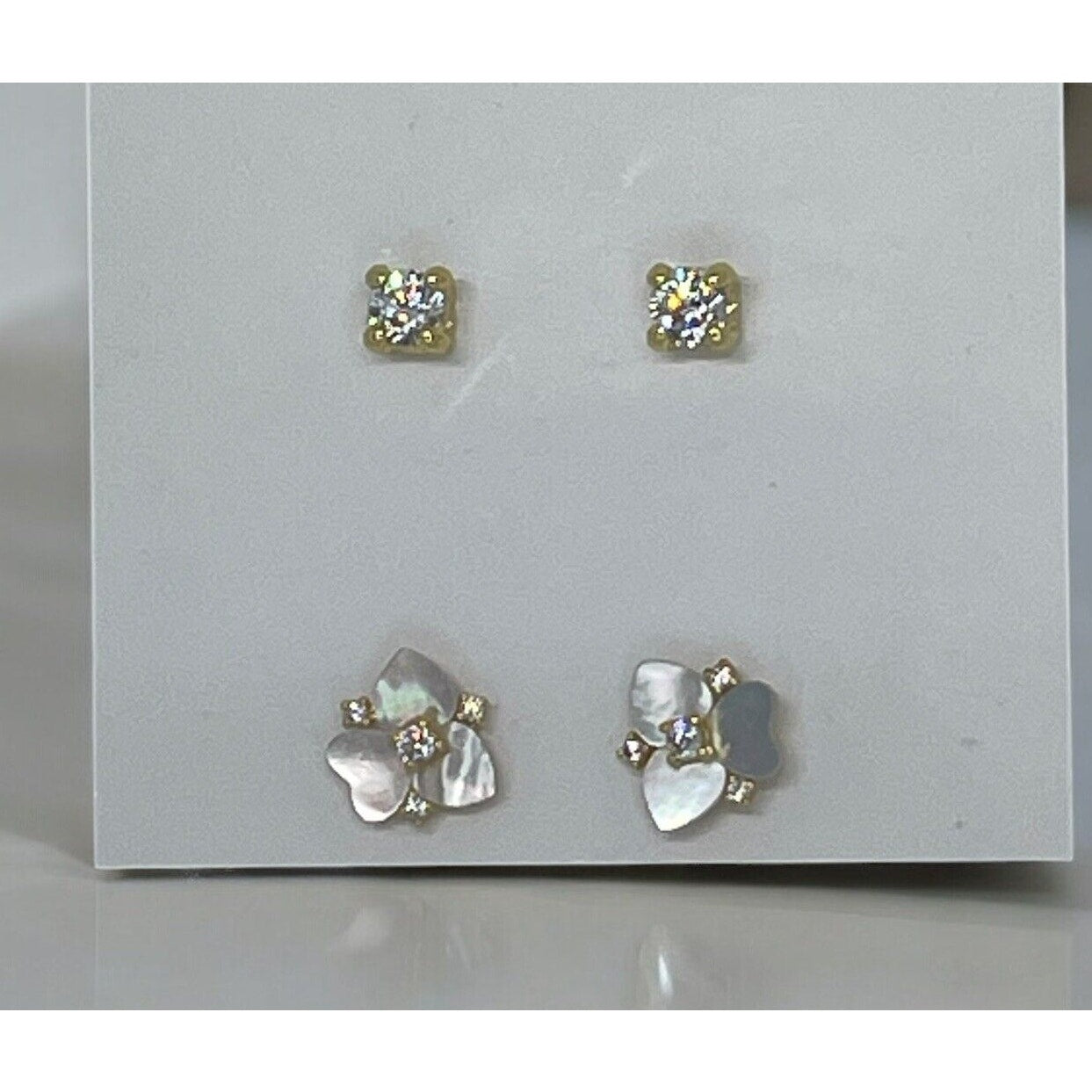 Kate Spade Mother Of Pearl CZ Pansy Earrings (2pc Set) Gold Tone Chic Trendy NWT