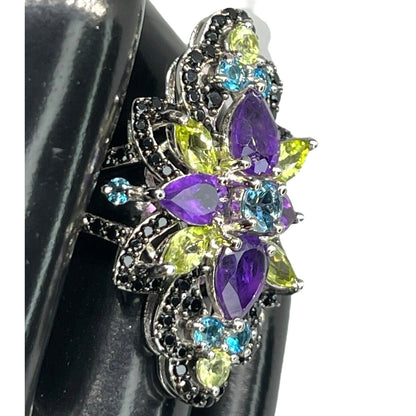 LUXY Gems Natural Topaz Amethyst Peridot Spinel Sterling Silver Ring Luxury Sz 7