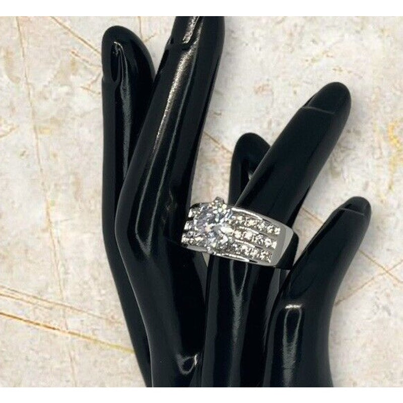 Silver Plated CZ Triple Row Ring (Sz 9) Statement Chic Shiny Trendy Stunning NWT