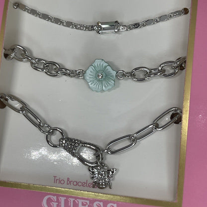 Guess Silver Tone Bracelet (3pc Set) Floral Bee Chic Trendy Fashion Stylish Vday