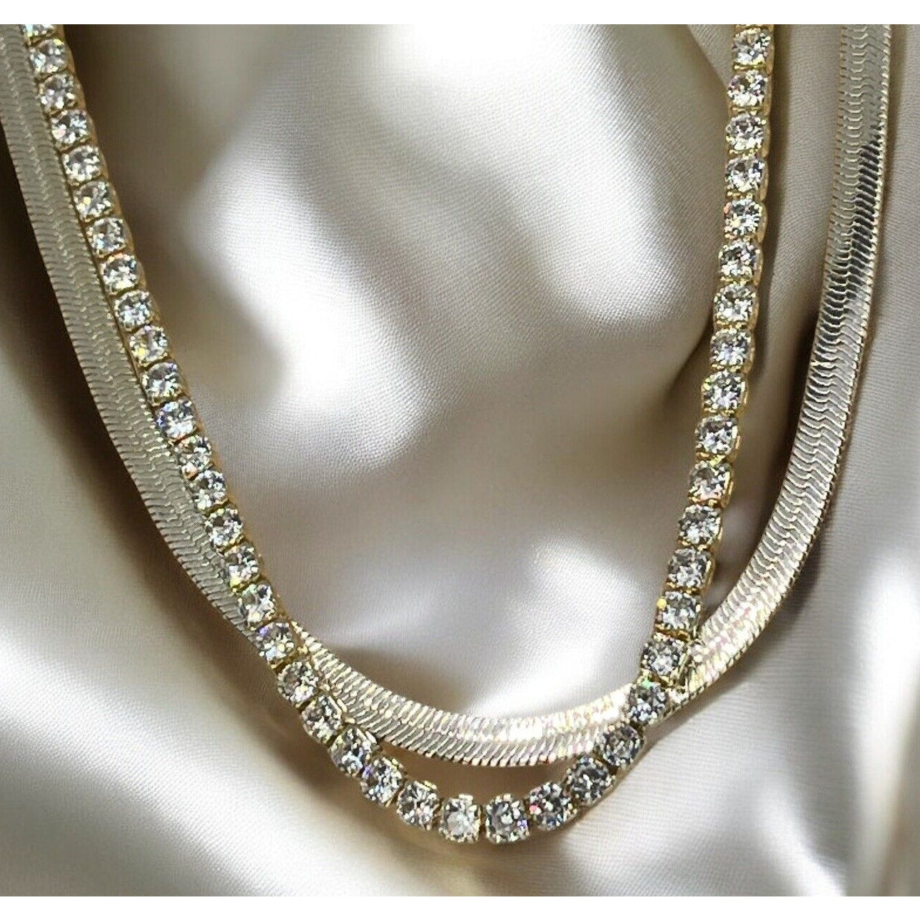 Silver Plated CZ Tennis Necklace Layered Stunning Shiny Trendy Style Fashion NWT