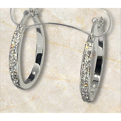 Silver Plated Pave Crystal Hoop Earrings Stunning Fashion Glitz Stylish Elegant