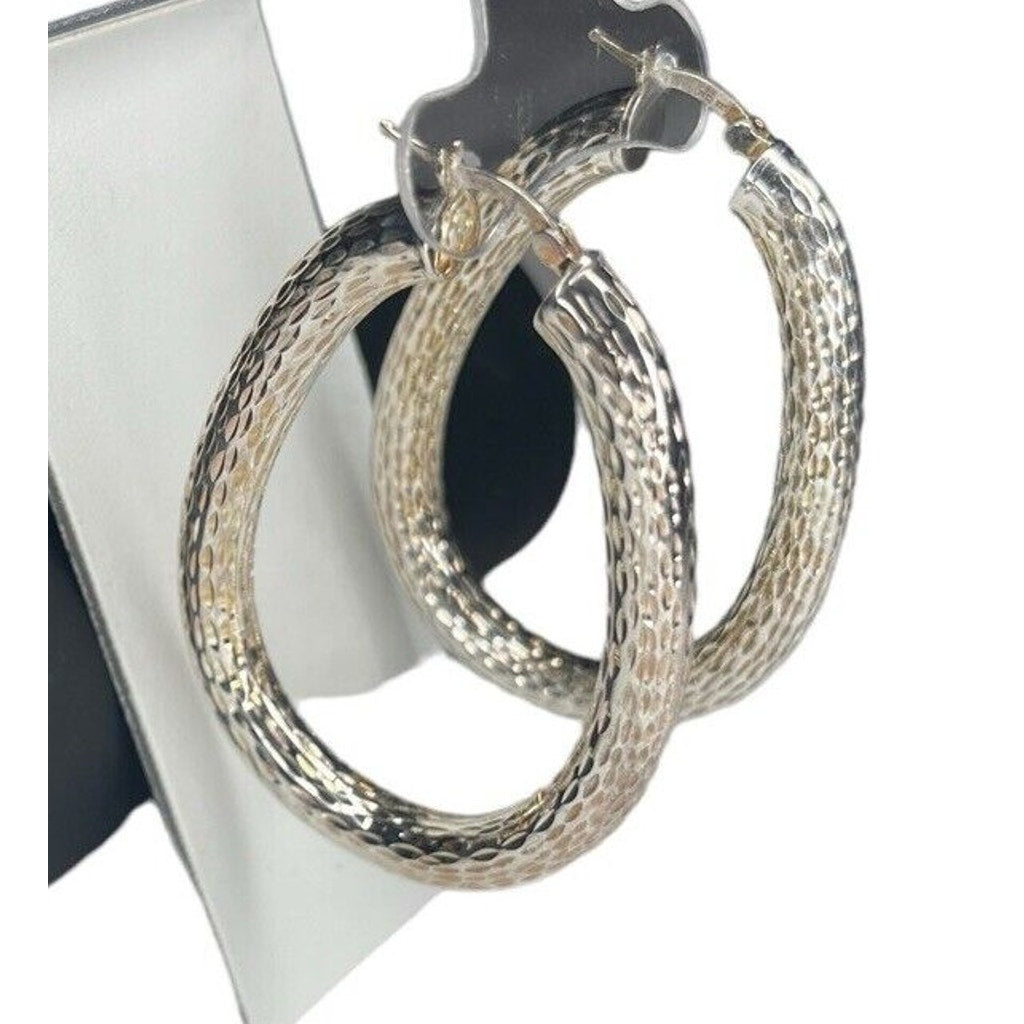 Sterling Silver Textured Oval Hoop Earrings Elegant Statement Stunning Fashion