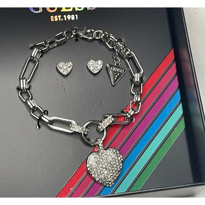 Guess Silver Tone Heart Charm Bracelet Earrings (3pc Set) Fashion Stylish Vday