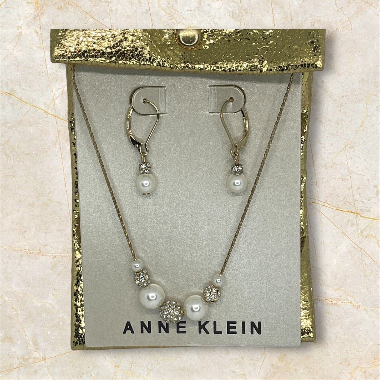 Anne Klein Intricate Faux Pearl Necklace Earrings 2 Pc Set Crystal Gold Tone NWT