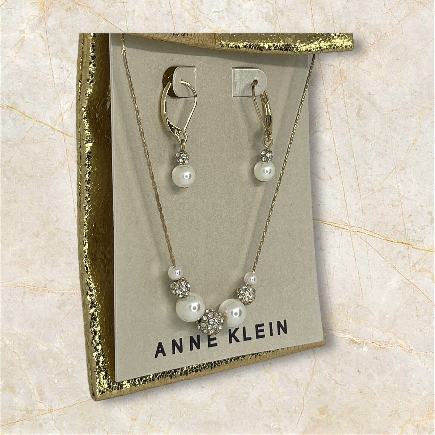 Anne Klein Intricate Faux Pearl Necklace Earrings 2 Pc Set Crystal Gold Tone NWT