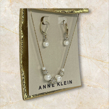 Anne Klein Intricate Faux Pearl Necklace Earrings 2 Pc Set Crystal Gold Tone NWT