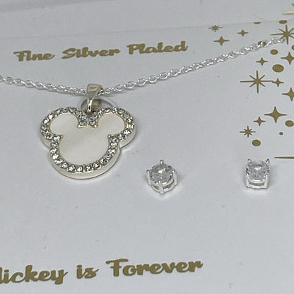 Disney Silver Plated Faux Pearl Necklace Earrings (2pc Set) Mickey Ears NWT Vday