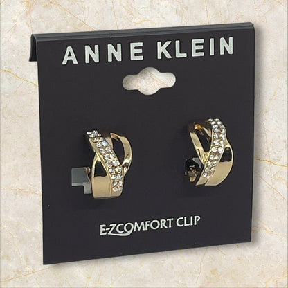 Anne Klein Gold Tone CZ Twist Clip On Earrings EZ Comfort Chic Style Trendy NWT