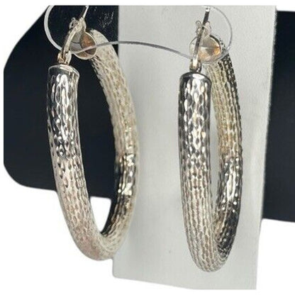 14K White Gold Vermeil Oval Hoop Earrings Stunning Textured Chic Elegant Fashion