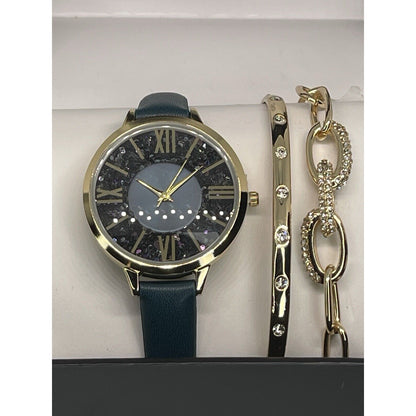 Gold Tone Faux Leather Watch Bracelet (3pc Set) Stunning Style Glitz Trendy Vday