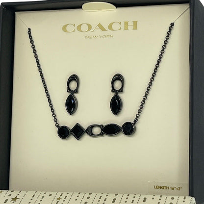 Coach Crystal Necklace Earrings 2pc Set Black Tone Chic Designer Luxury Trendy