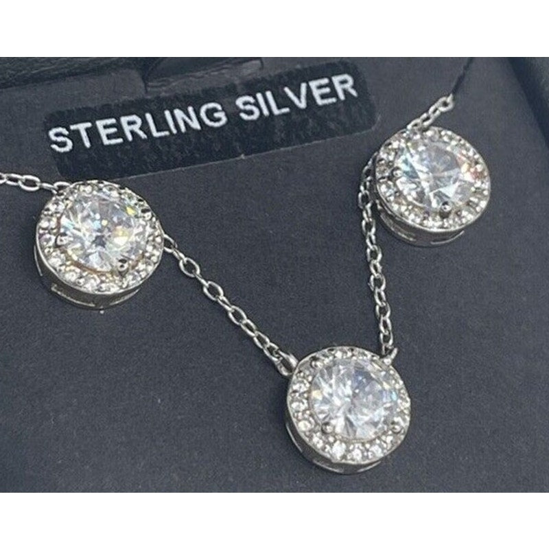 Sterling Silver CZ Halo Necklace Earrings (2pc Set) Stunning Chic Trendy Fashion