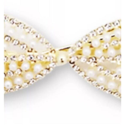 Gold Tone Crystal Faux Pearl Bow Barrette (2pc Set) Hair Clip Stylish Chic NWT