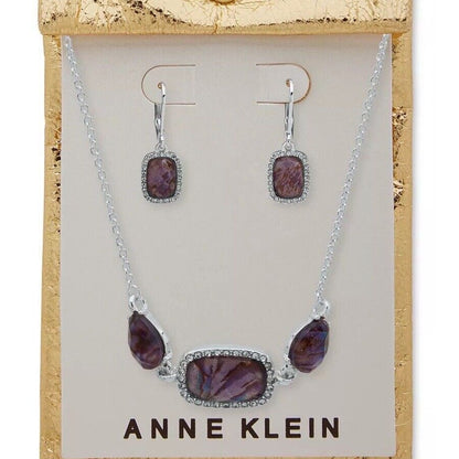 Anne Klein Silver Tone Abalone Crystal Necklace Earrings (2pc Set) Chic Stylish