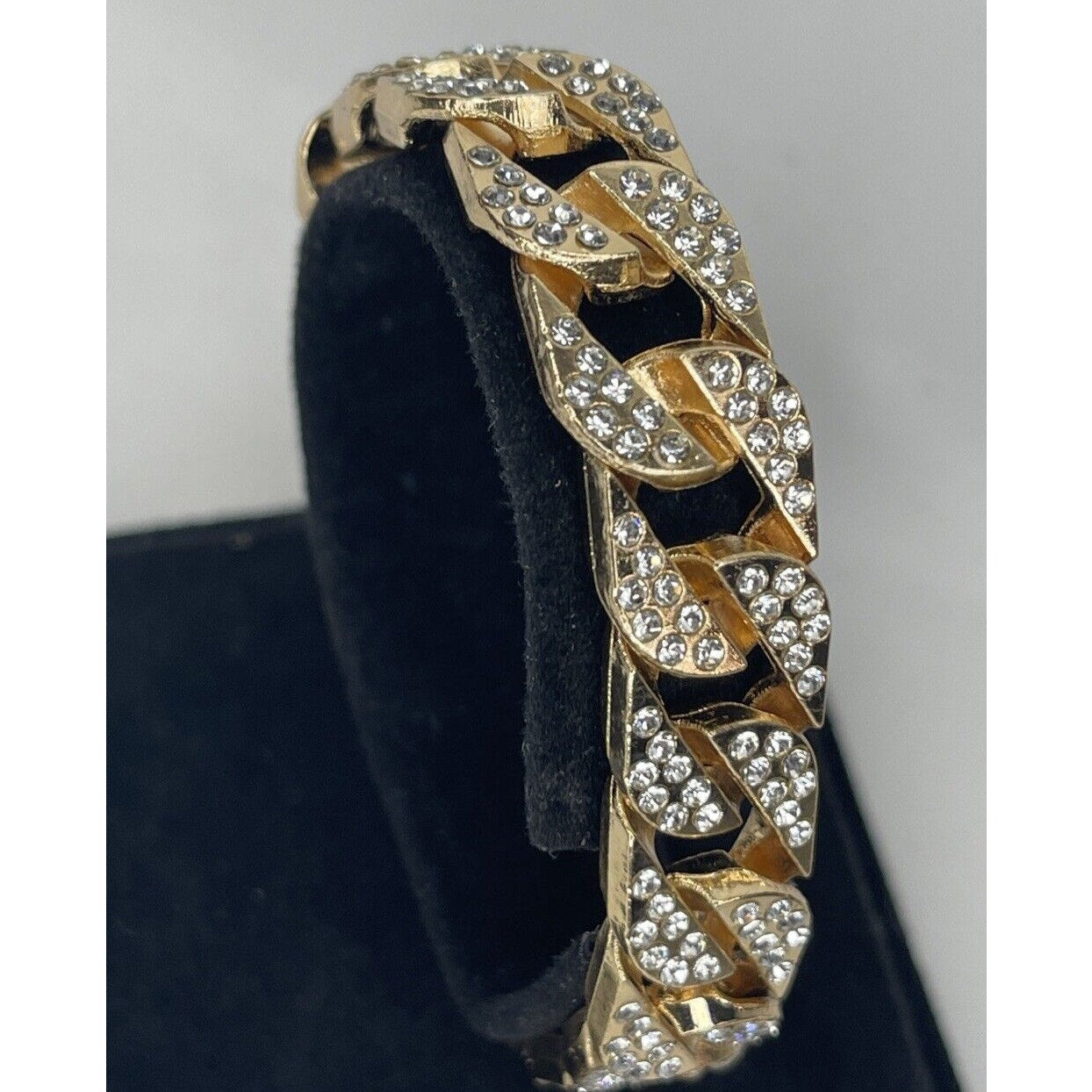 Gold Tone Crystal Chain Bracelet Men's Streetwear 8.5" Fashion Bling Glitz Style