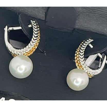 Two Tone Pearl (6mm) Earrings 14K Gold Vermeil Luxury Chic Fashion Stunning NWT