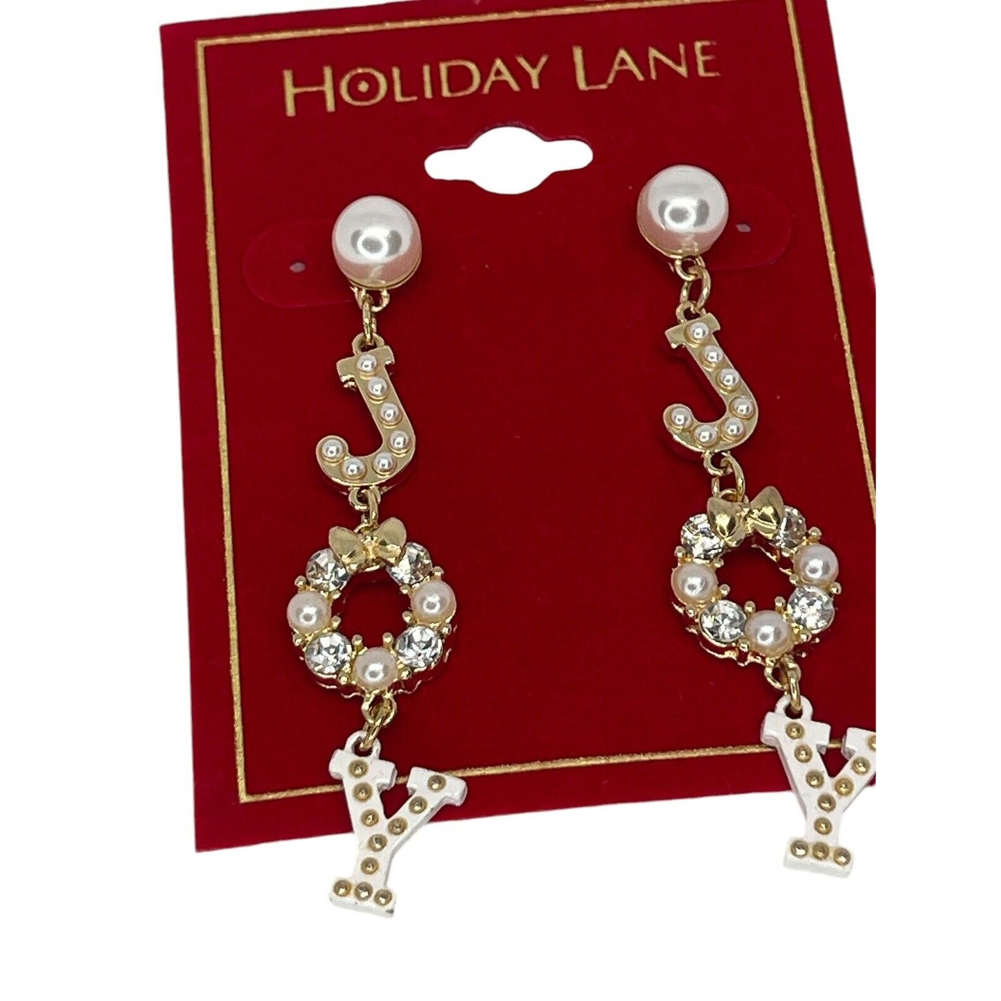 Gold Tone Crystal Faux Pearl Xmas Joy Earrings Elegant Bow Holiday Christmas NWT