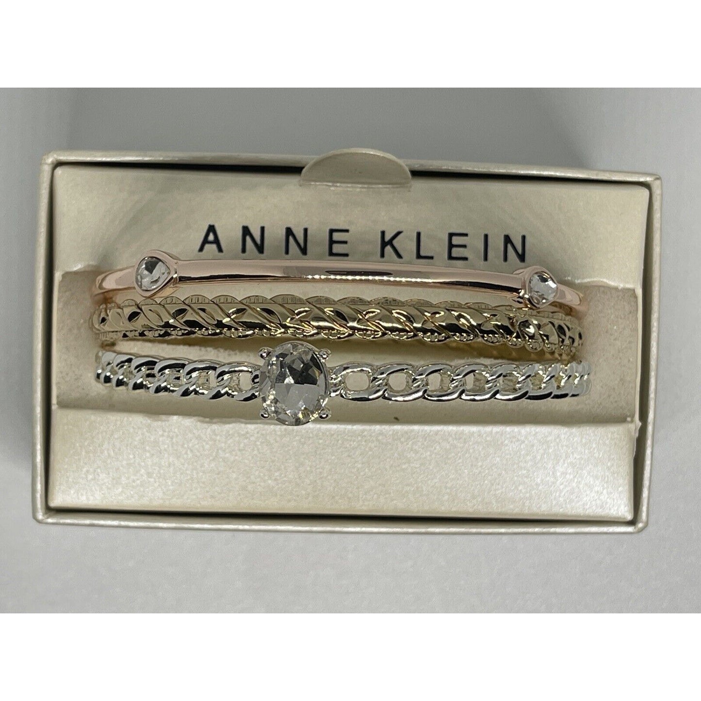 Anne Klein Gold Tone Crystal Bangle Bracelet (3pc Set) Style Trendy Fashion NWT