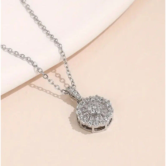 Silver Plated Crystal Halo Pendant Necklace Trendy Stylish Fashion Elegant Chic