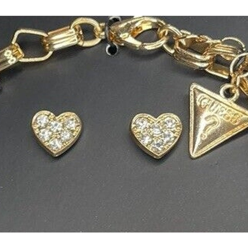 Guess Gold Tone Heart Charm Bracelet Earrings (3pc Set) Travel Case Trendy Vday