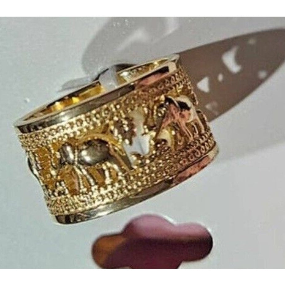 18K Gold Plated Open Work Elephant Wide Ring (Sz 7) Chic Intricate Animals NWT