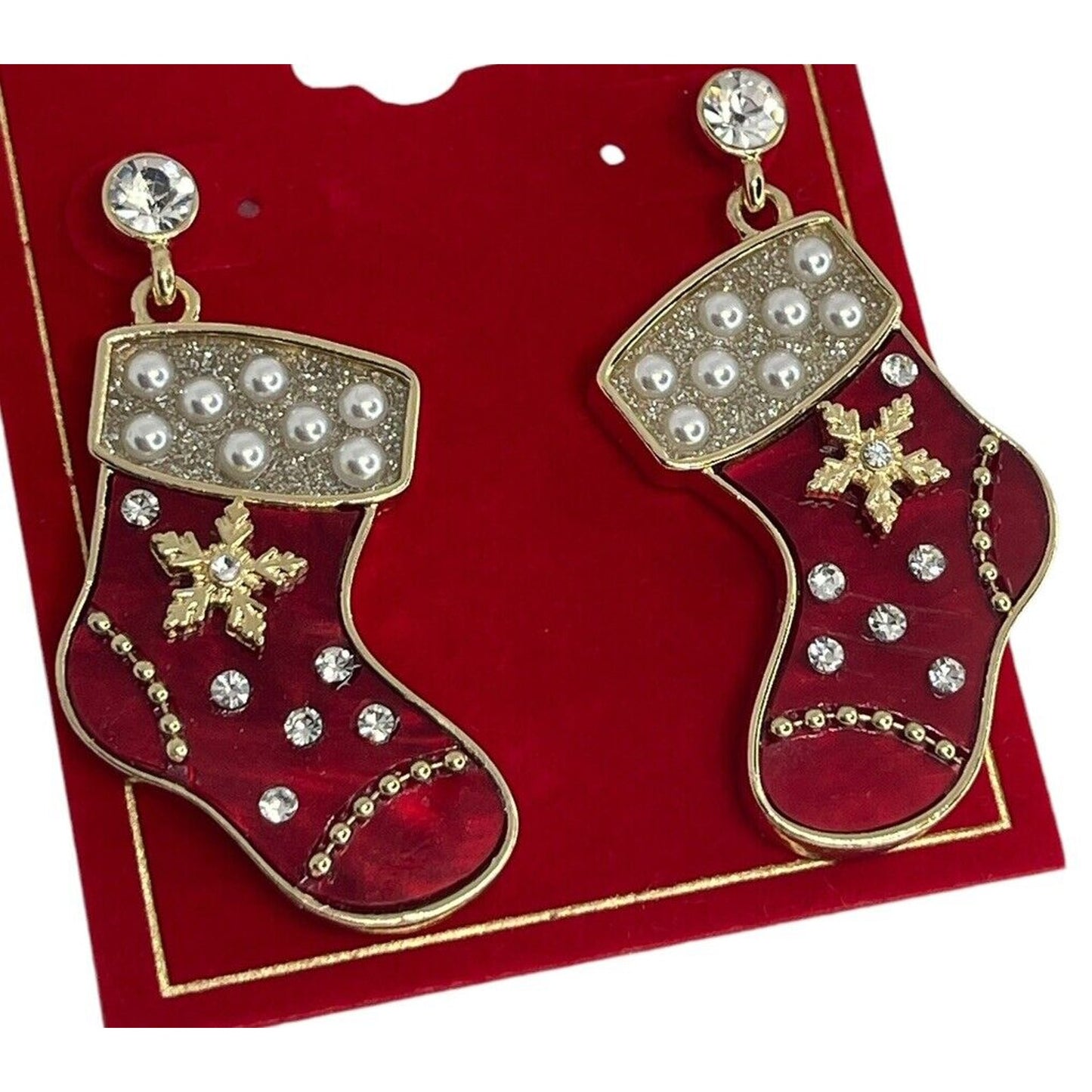 Gold Tone Crystal Xmas Stocking Earrings Faux Pearl Elegant Holidays Christmas