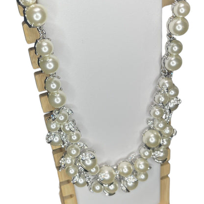 Silver Tone Faux Pearl Crystal Necklace Statement Stunning Elegant Chic Fashion