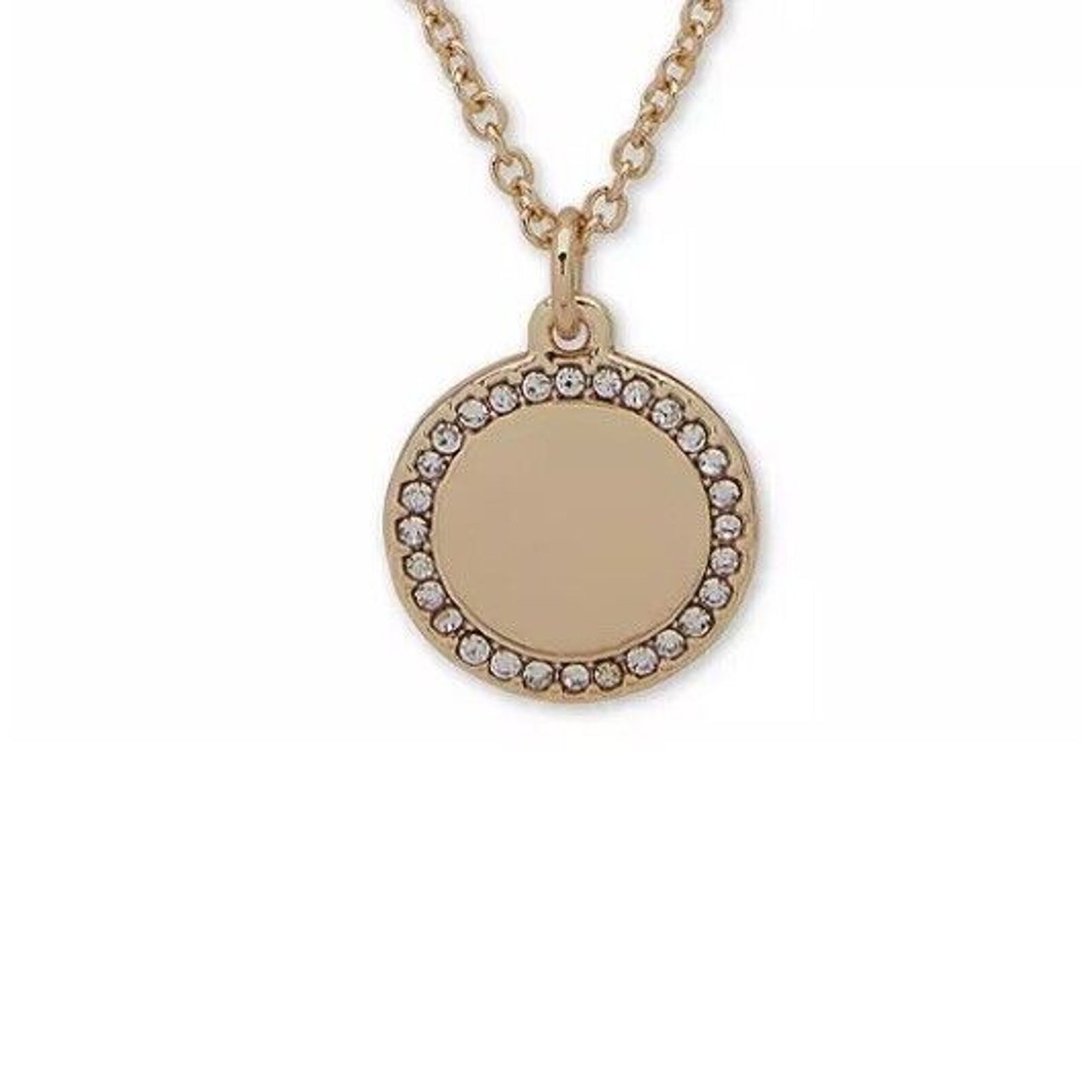 DKNY Gold Tone Crystal Disc Pendant Necklace Layered Stylish Fashion Trendy Chic