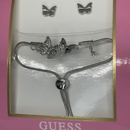 Guess Silver Tone Butterfly Bracelet Earrings (2pc Set) Fashion Chic Trendy Vday