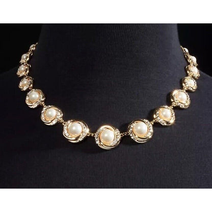 Gold Tone Faux Pearl Halo Crystal Necklace Trendy Statement Chic Elegant Fashion