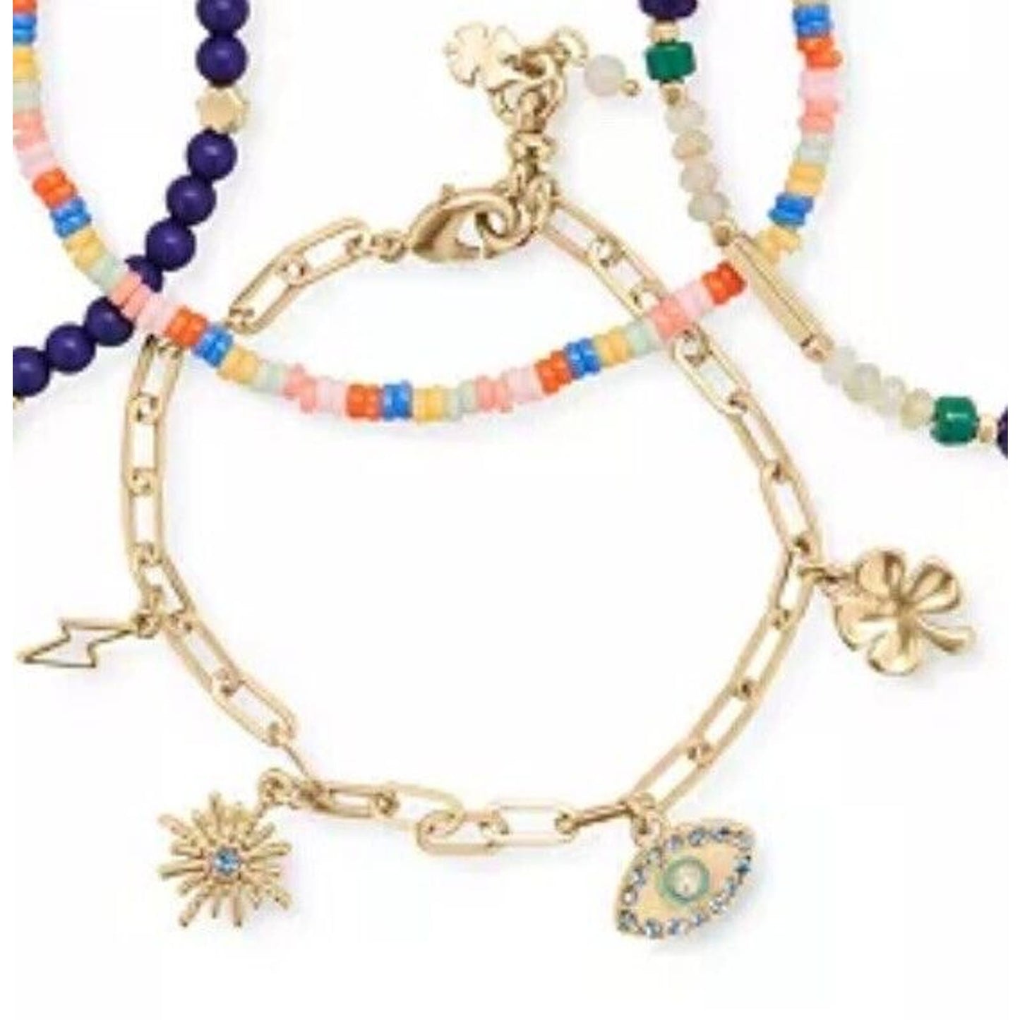 Lucky Brand Bracelet Set Gold Tone 4 Pc Crystal Beads Evil Eye Charm Chic Ladies