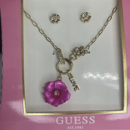 Guess Gold Tone Crystal Necklace Earrings (2pc Set) Floral Trendy Fashion Vday