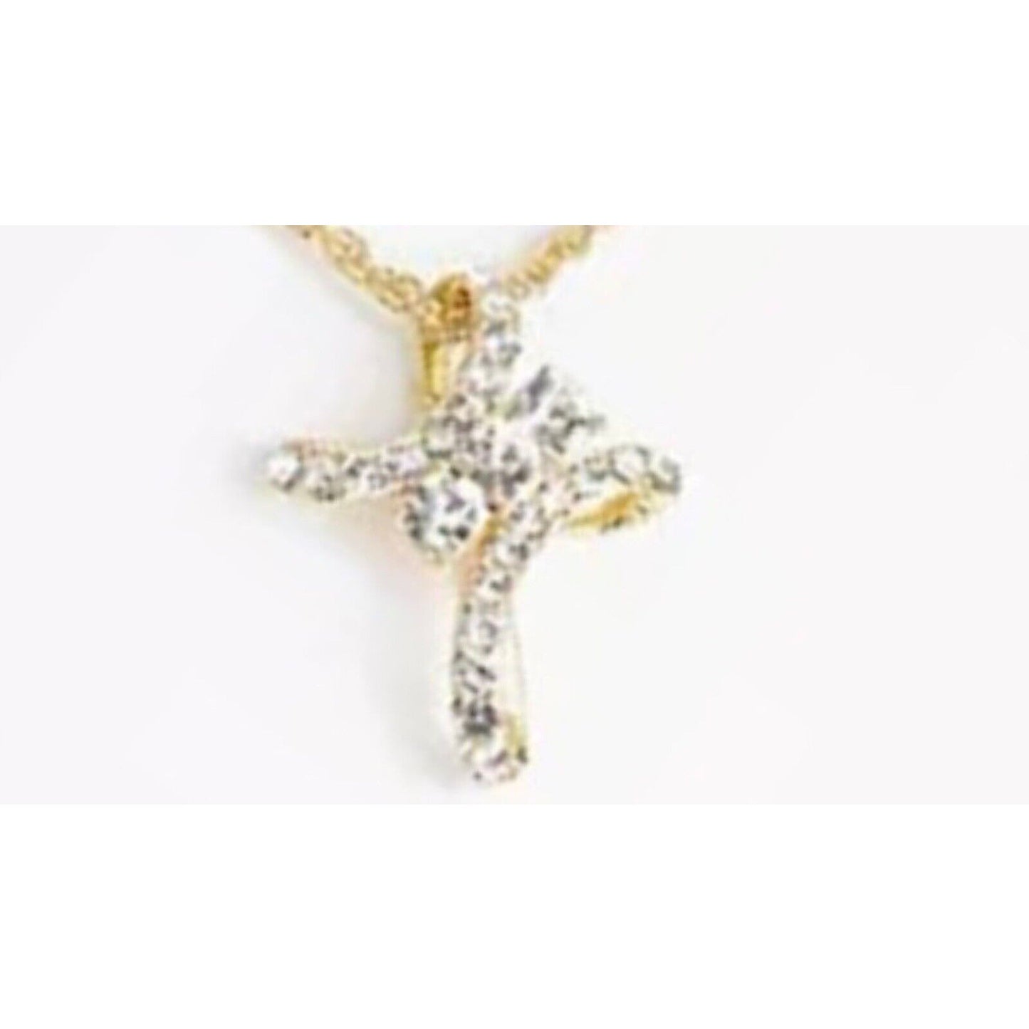 Gold Tone Crystal Cross Pendant Necklace Earrings (2pc Set) Solitaire Studs Vday