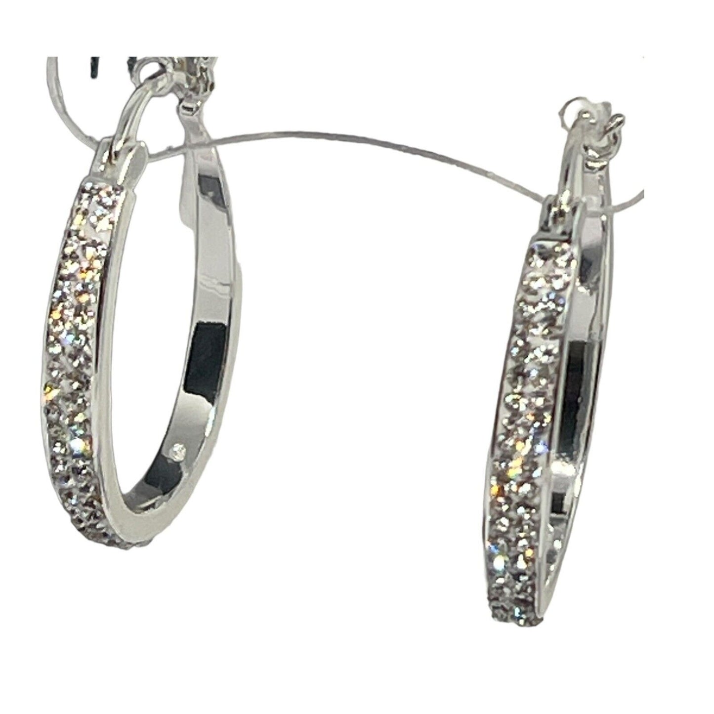 Silver Plated Pave Crystal Hoop Earrings Stunning Fashion Glitz Stylish Elegant