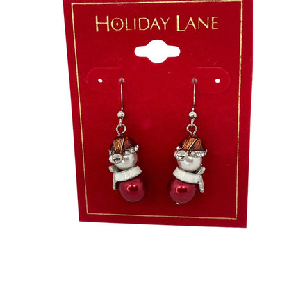 Gold Tone Faux Pearl Xmas Snowman Earrings Crystal Stunning Holidays Christmas