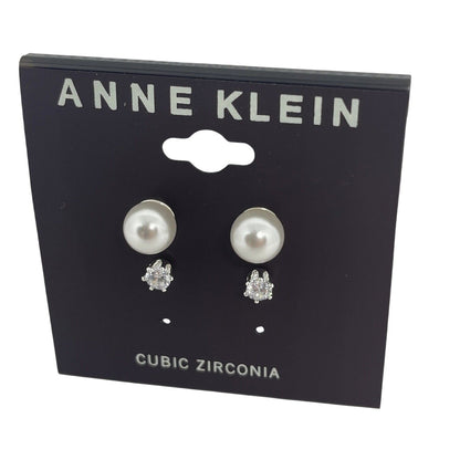 Anne Klein Silver Tone Faux Pearl CZ Earrings (2pc Set) Elegant Chic Trendy NWT