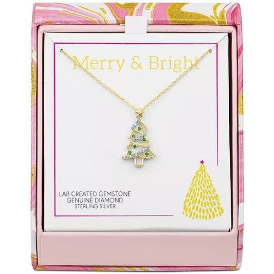 Diamond Accent 14K Gold Vermeil Lab Emerald Xmas Tree Necklace Holiday Christmas