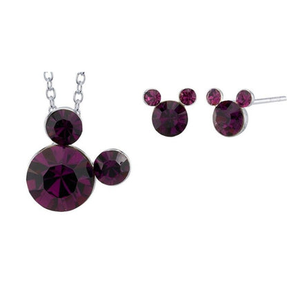 Disney Lab Amethyst Necklace Earrings (2pc Set) Mickey Ears Feb Birthstone Vday