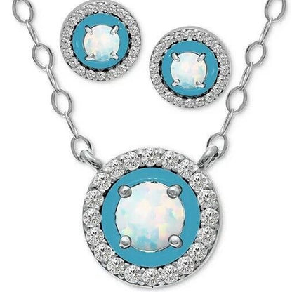 Sterling Silver Lab Opal Necklace Earrings (2 cts.) 2pc Set CZ Halo Chic Trendy