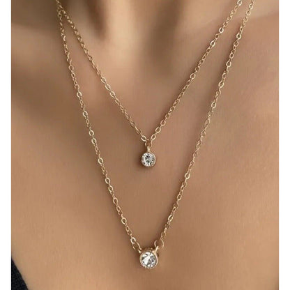 18K Gold Plate Solitaire Crystal Necklace Layered Chic Stunning Trendy Fashion