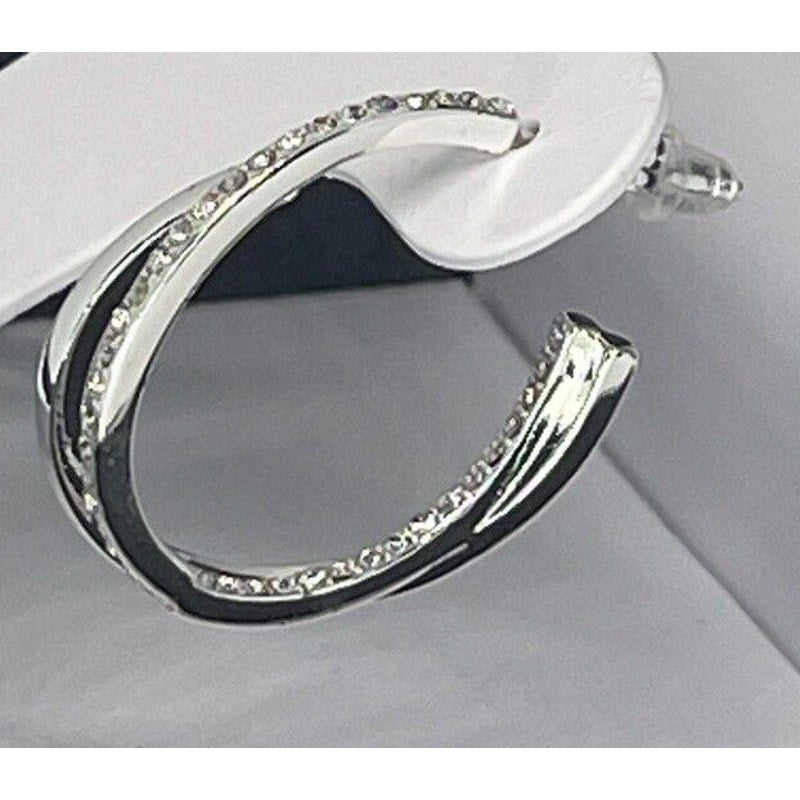 Silver Plated Crystal C Hoop Twist Earrings Chic Fashion Trendy Shiny Stunning